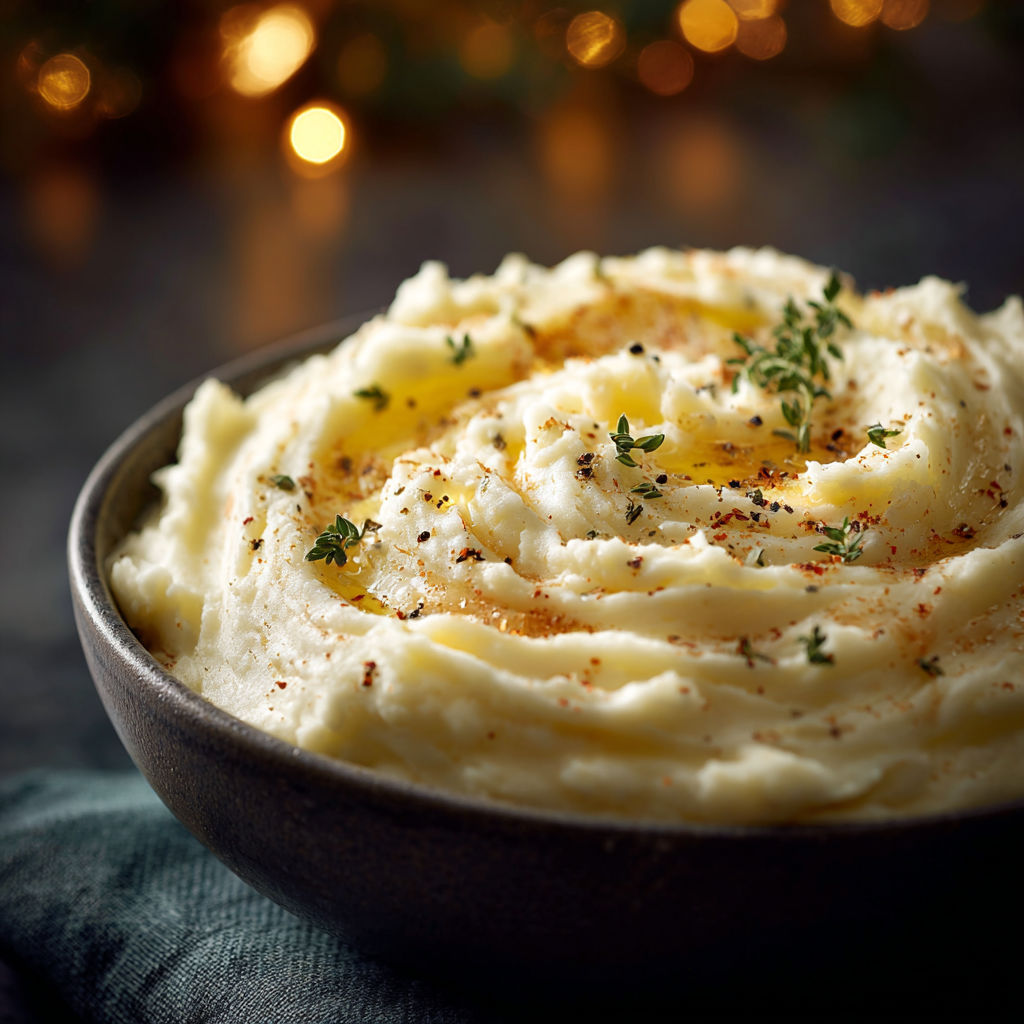A bowl of creamy mashed potatoes with herbs and spices.