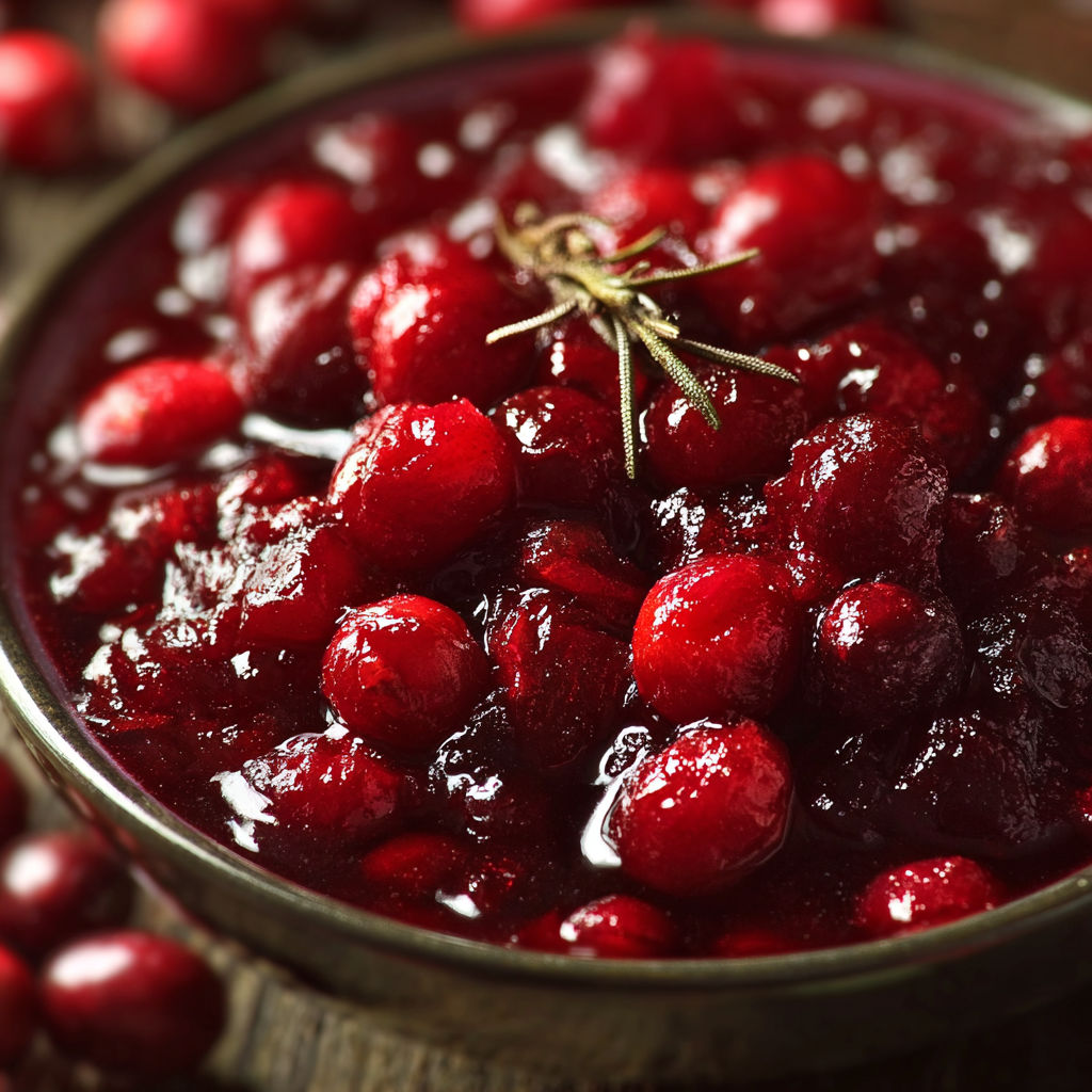 A bowl of cranberry sauce with a sprig of rosemary on top.
