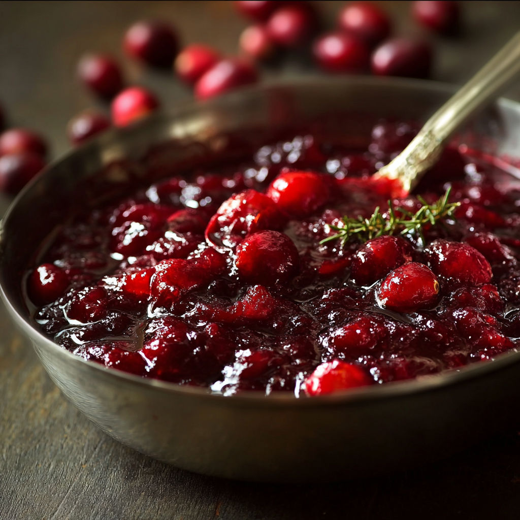 A bowl of red cranberry sauce with a spoon in it.