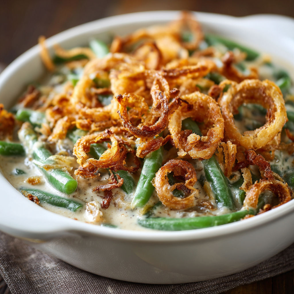 A white bowl filled with a delicious green bean casserole.