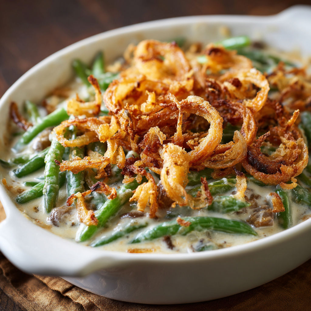 A bowl of food with onions and green beans on top.