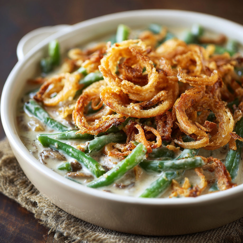 A bowl of food with onion rings and green beans.