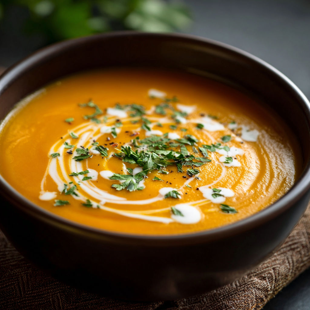 A bowl of Butternut Squash Soup with fresh herbs and spices.