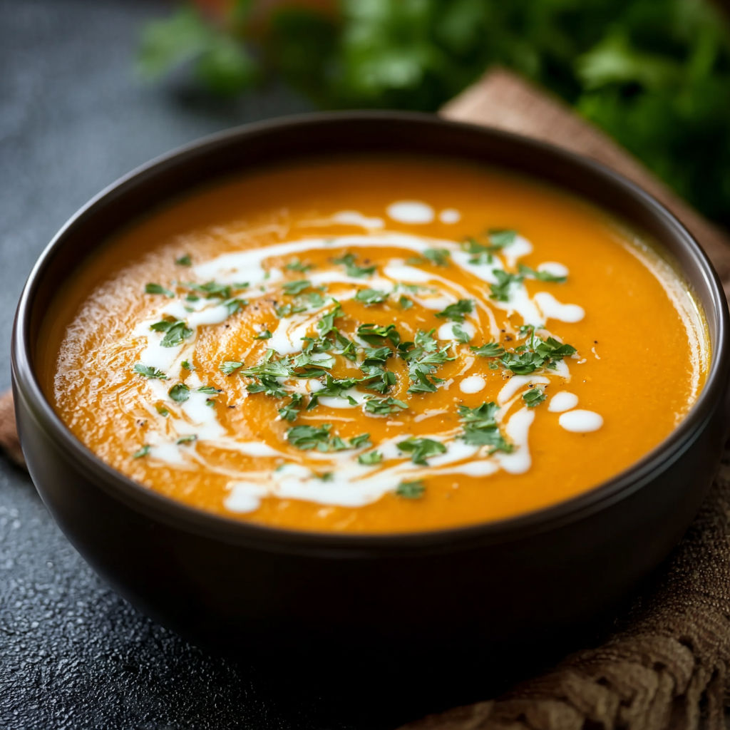 A bowl of soup with a spoon in it, topped with a dollop of sour cream.