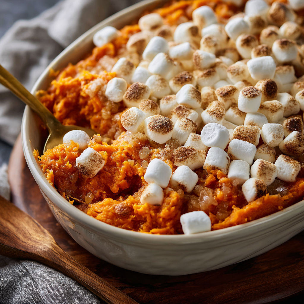 A delicious Sweet Potato Casserole with marshmallows on top.