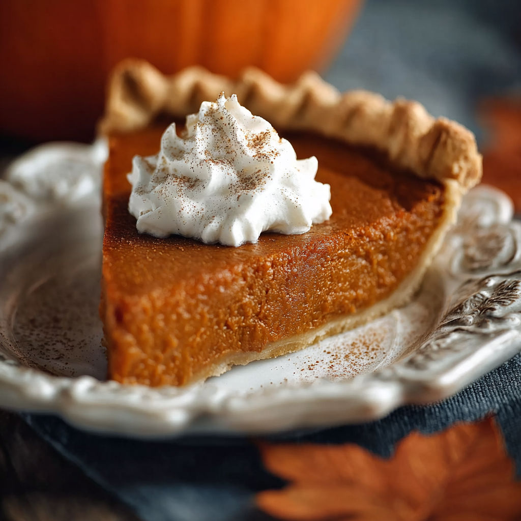 A slice of pumpkin pie with whipped cream on top.