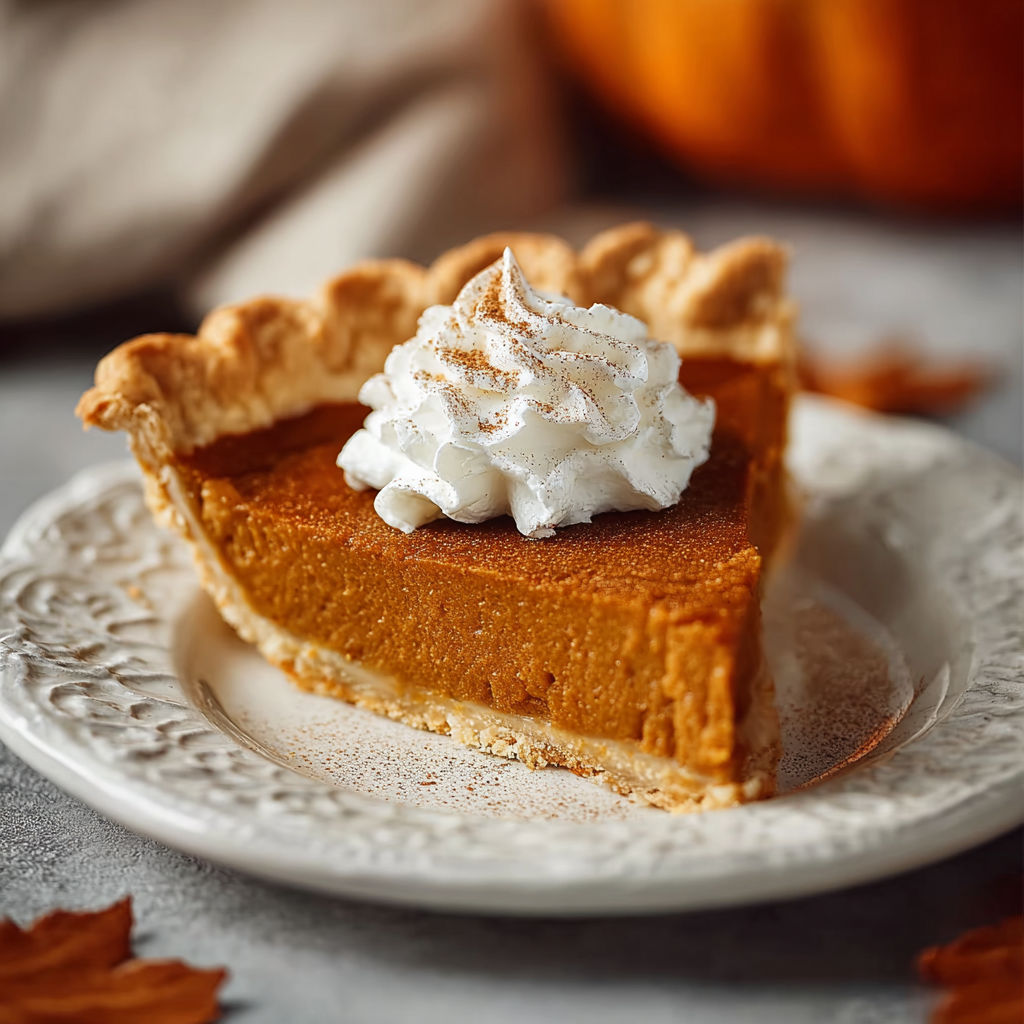 A slice of pumpkin pie with whipped cream on top, served on a white plate.