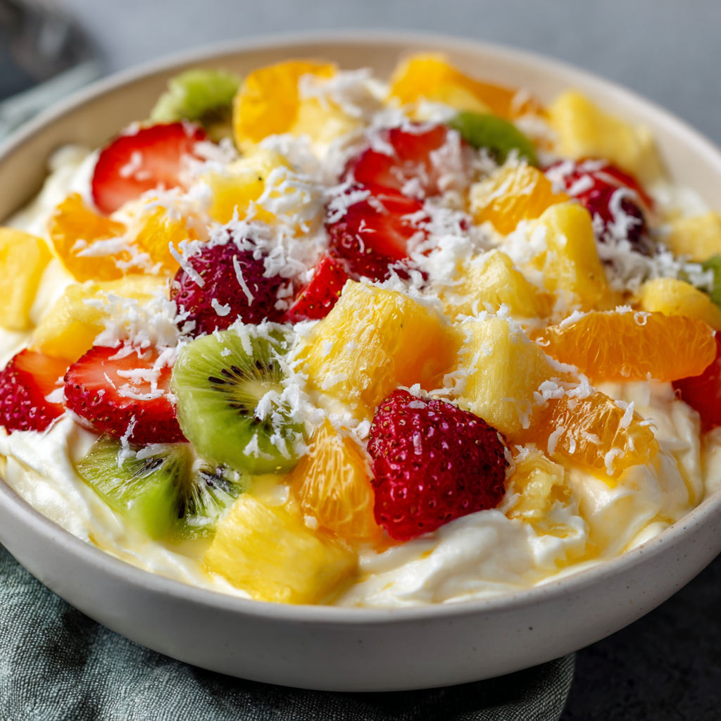 A bowl of fruit salad with strawberries, kiwi, pineapple, and oranges.