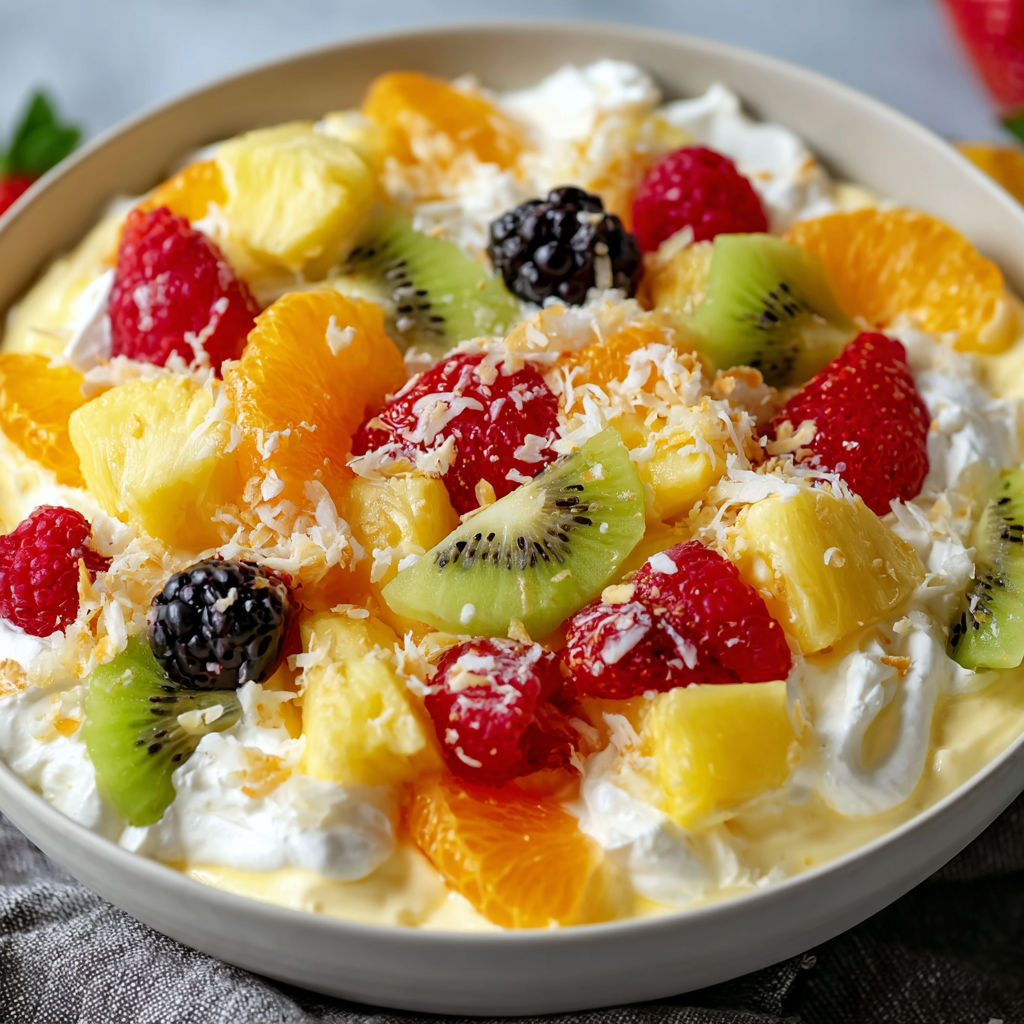A bowl of fruit salad with a variety of fruits including kiwi, strawberries, and oranges.