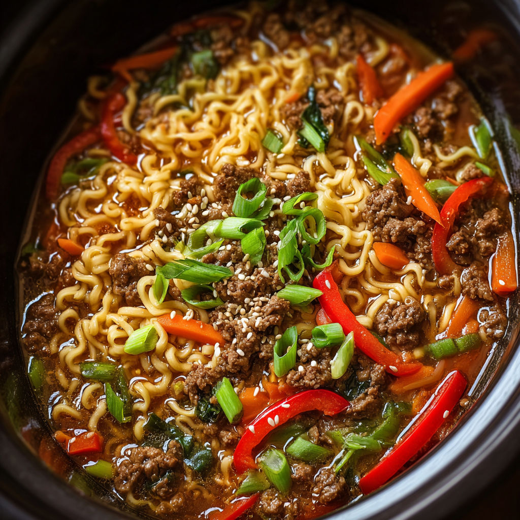 A bowl of Slow Cooker Beef Ramen Noodles with vegetables and meat.