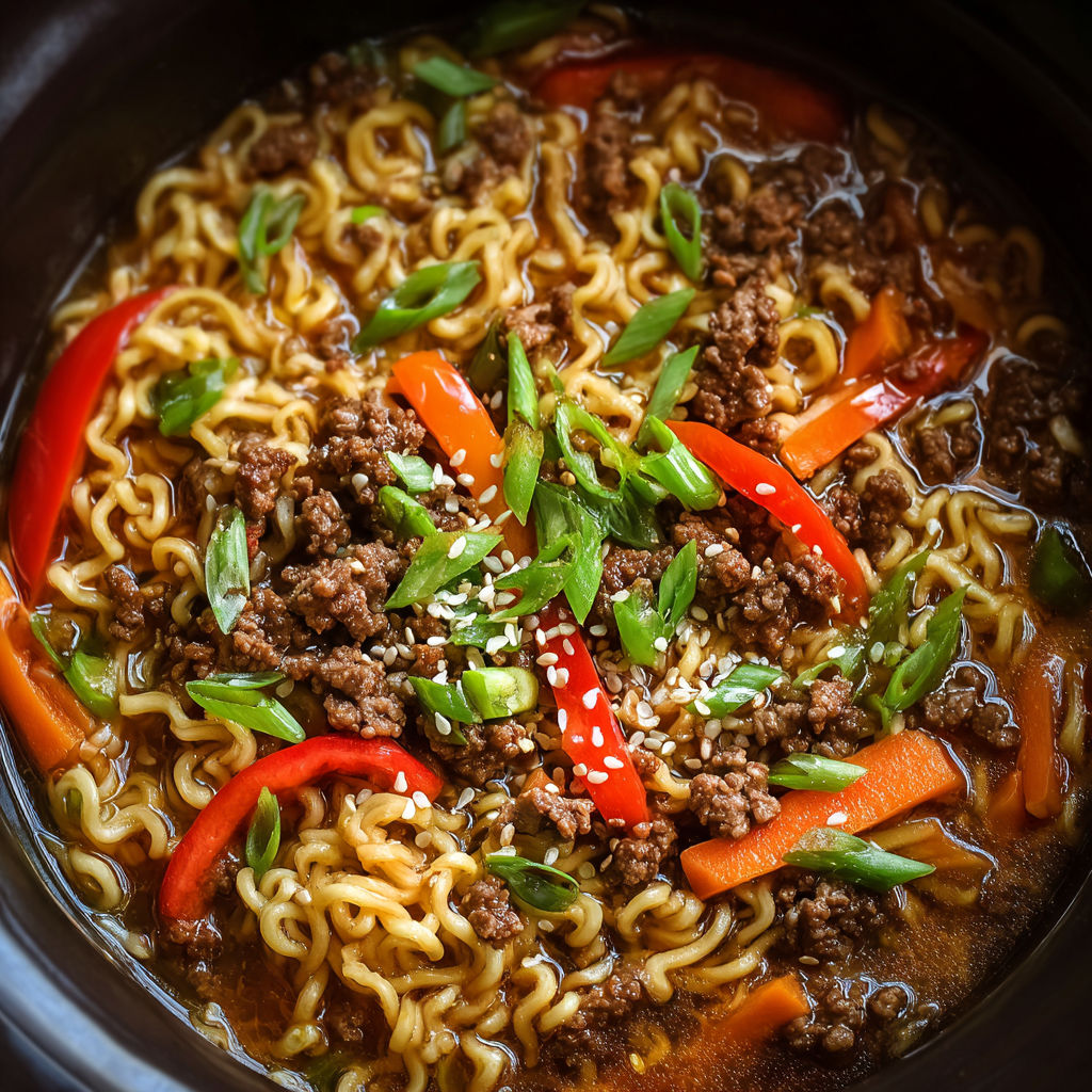 A bowl of Slow Cooker Beef Ramen Noodles with vegetables and meat.