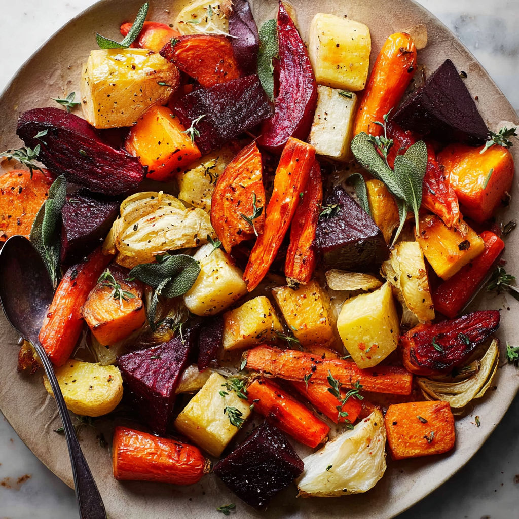 A plate of roasted root vegetables, including carrots, beets, and turnips, is displayed on a table.