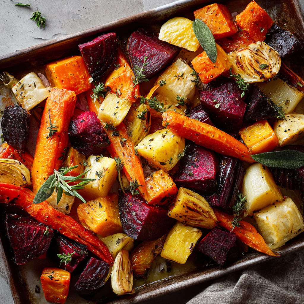 A dish of vegetables, including carrots and beets, is presented in a pan.