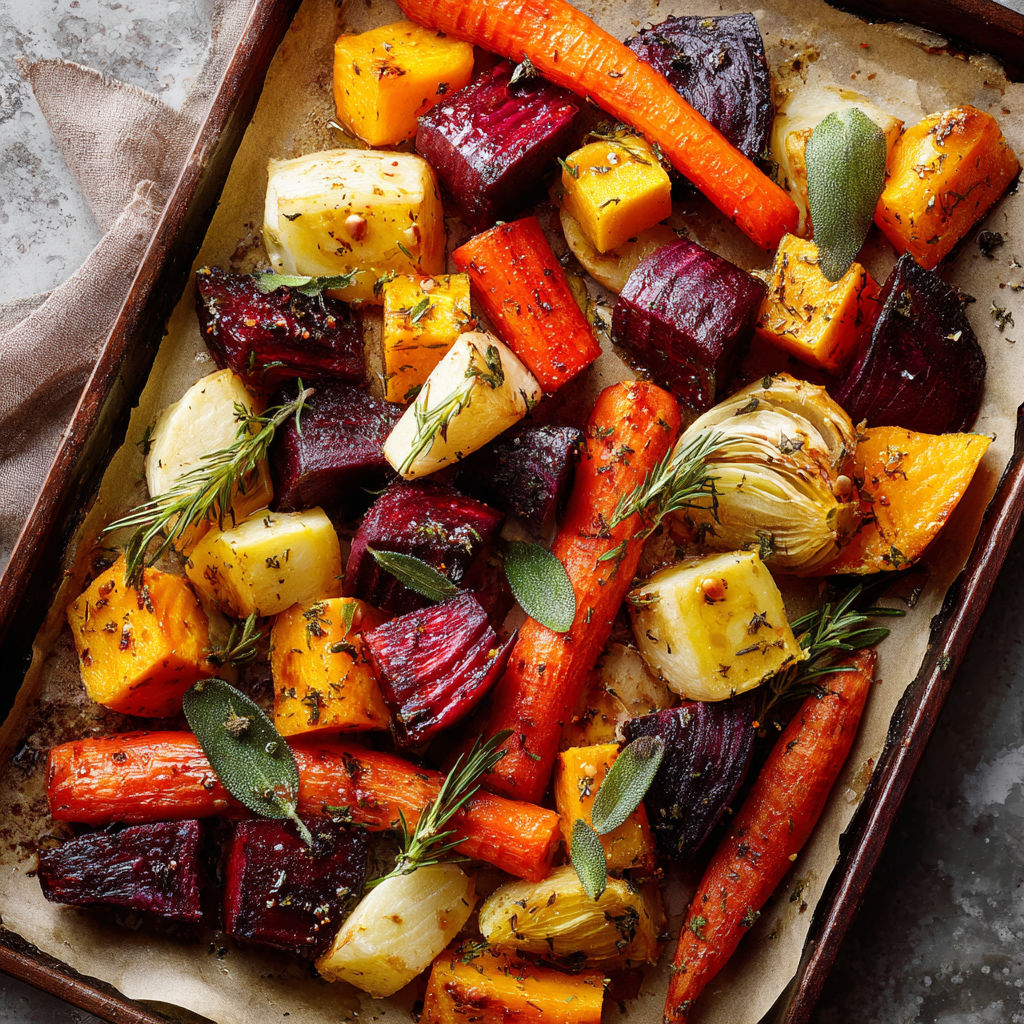 A pan of vegetables, including carrots, beets, and squash, is displayed on a table.