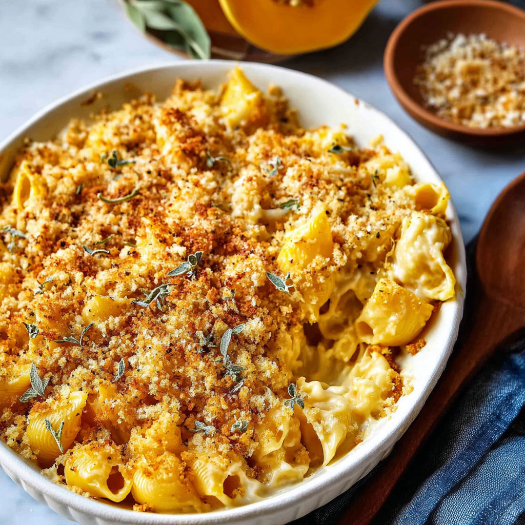 A bowl of Butternut Squash Mac and Cheese with a side of bread.