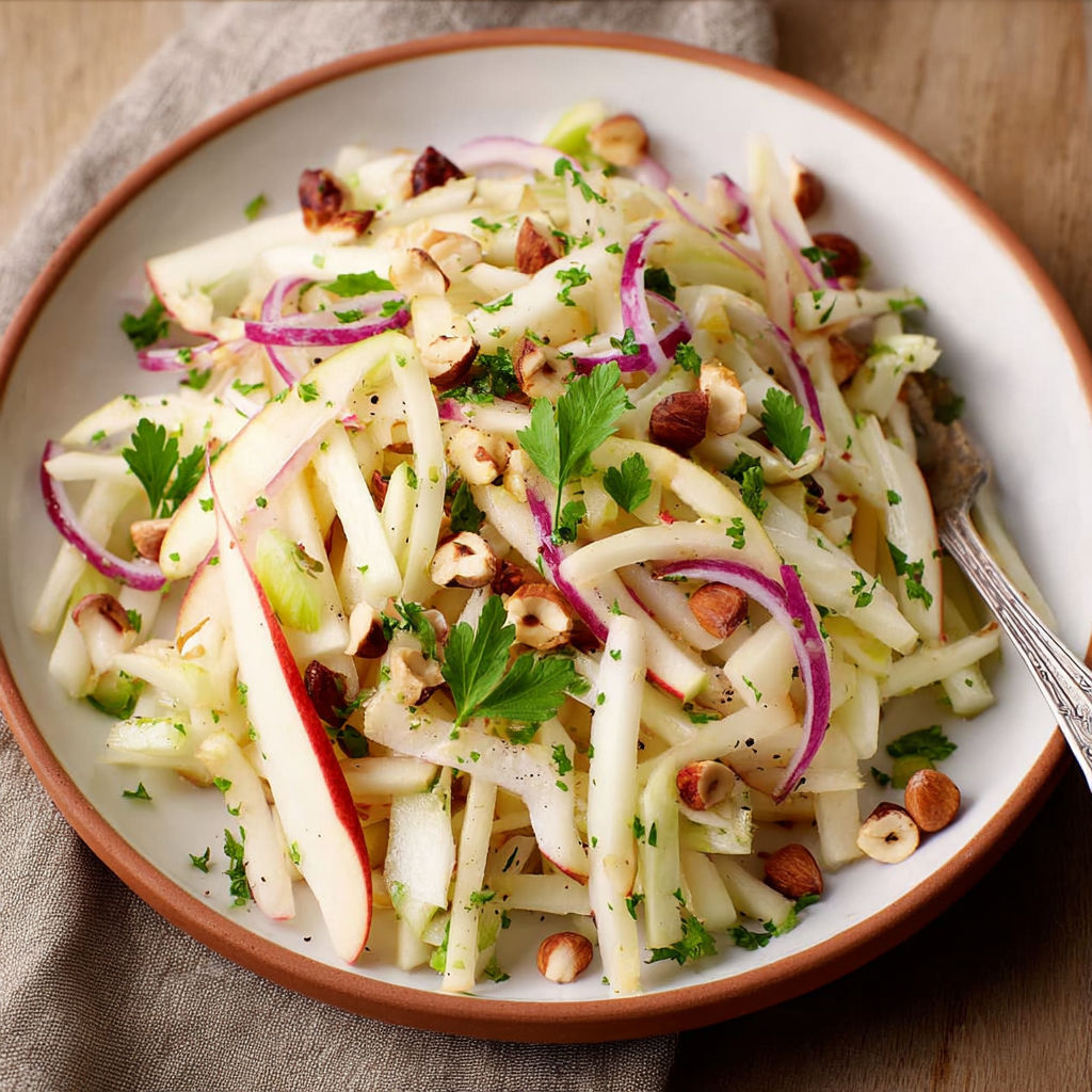 A bowl of mixed vegetables, including apples, onions, and nuts, is served on a wooden table.