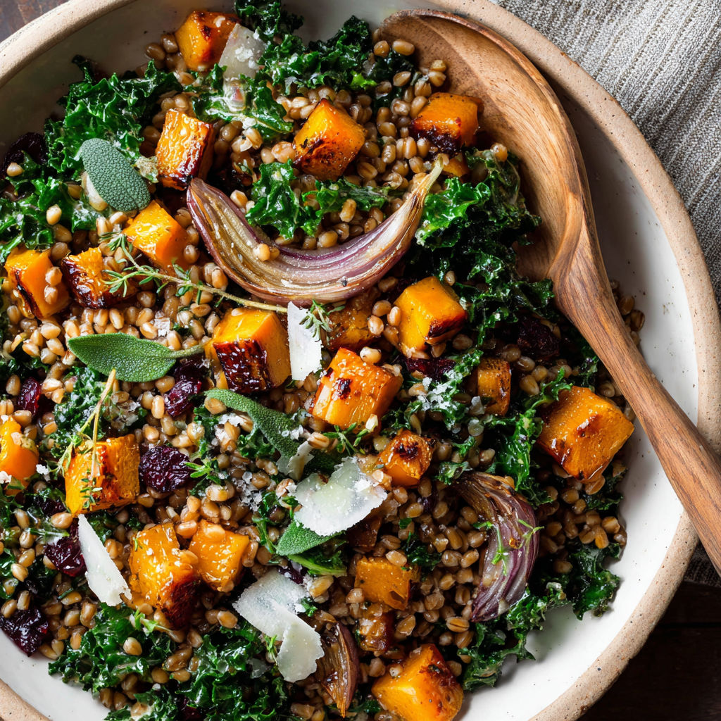 A bowl of Wheat Berry Salad with a wooden spoon.