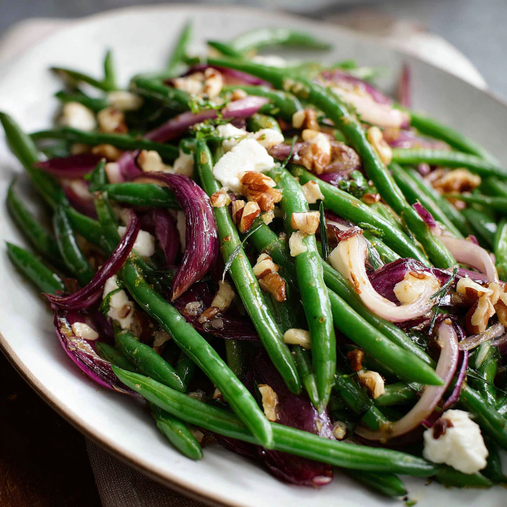 A plate of green beans with onions, nuts, and feta cheese, served as a salad.