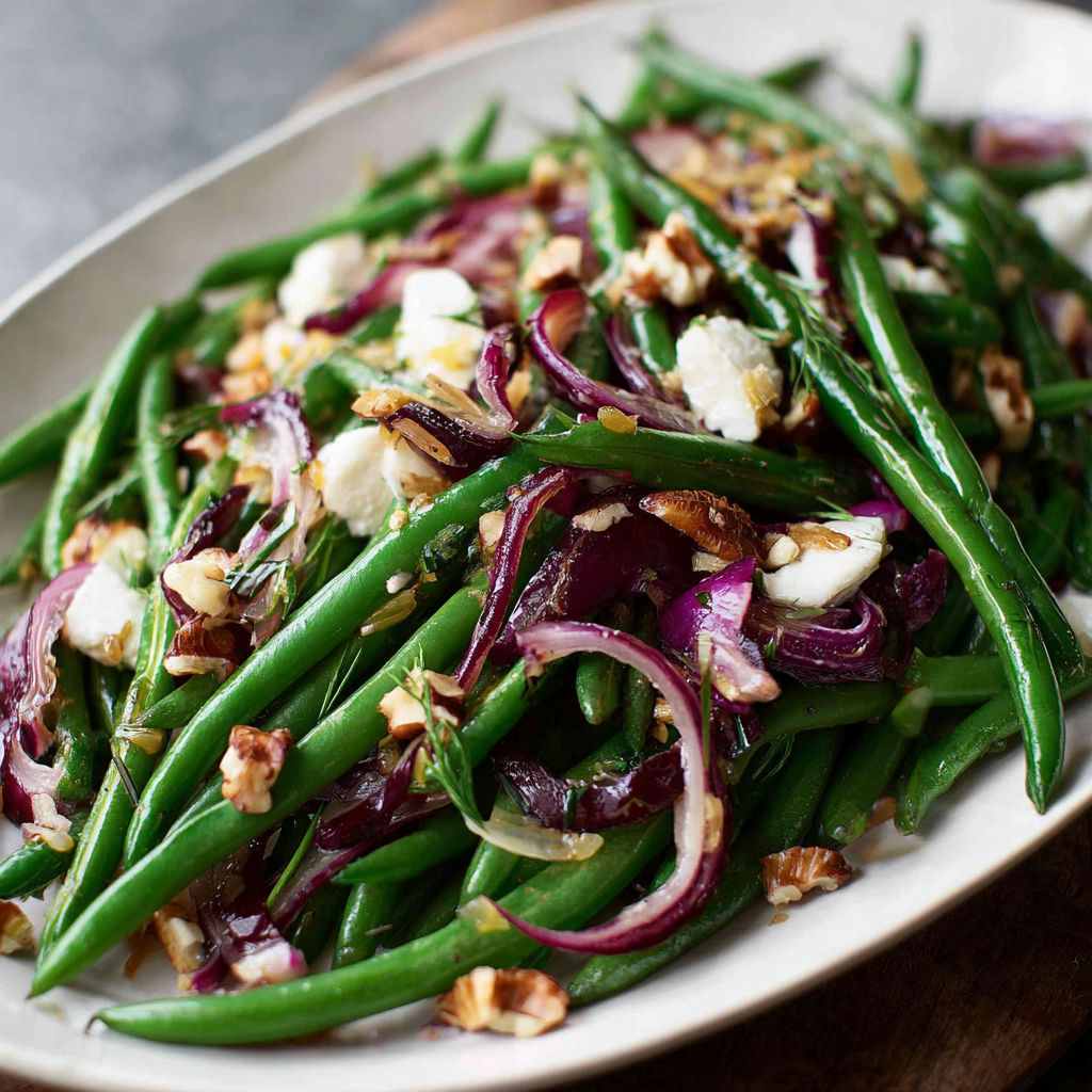 A plate of green beans with feta cheese and walnuts, served on a wooden table.