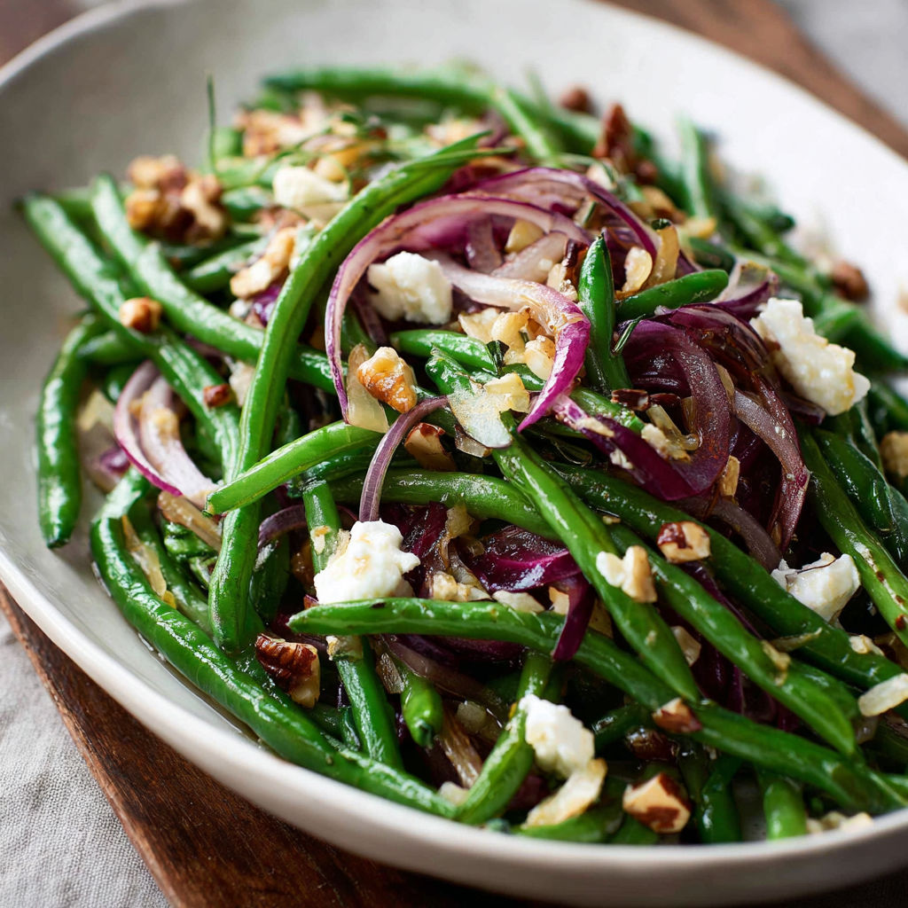 A bowl of green beans with feta cheese and nuts.