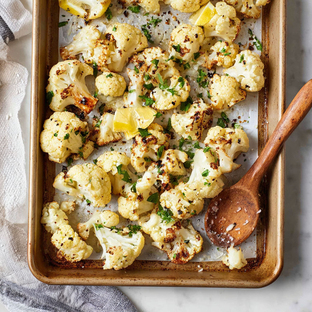 A pan of cooked cauliflower with a wooden spoon in it.