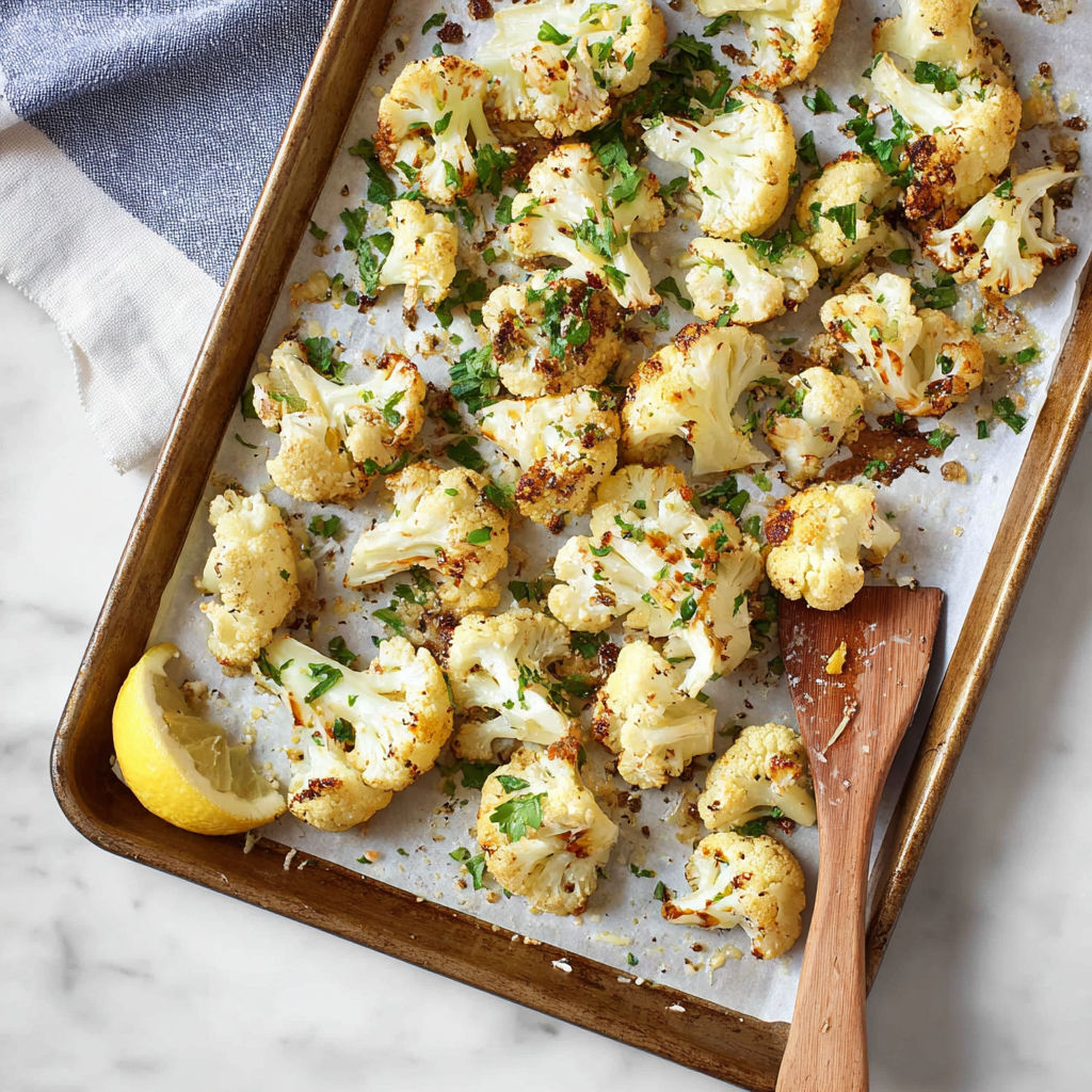 A pan of cooked cauliflower with lemon wedges and herbs.