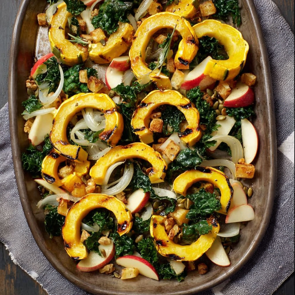 A dish of vegetables and fruits, including apples, onions, and squash, is served in a pan.