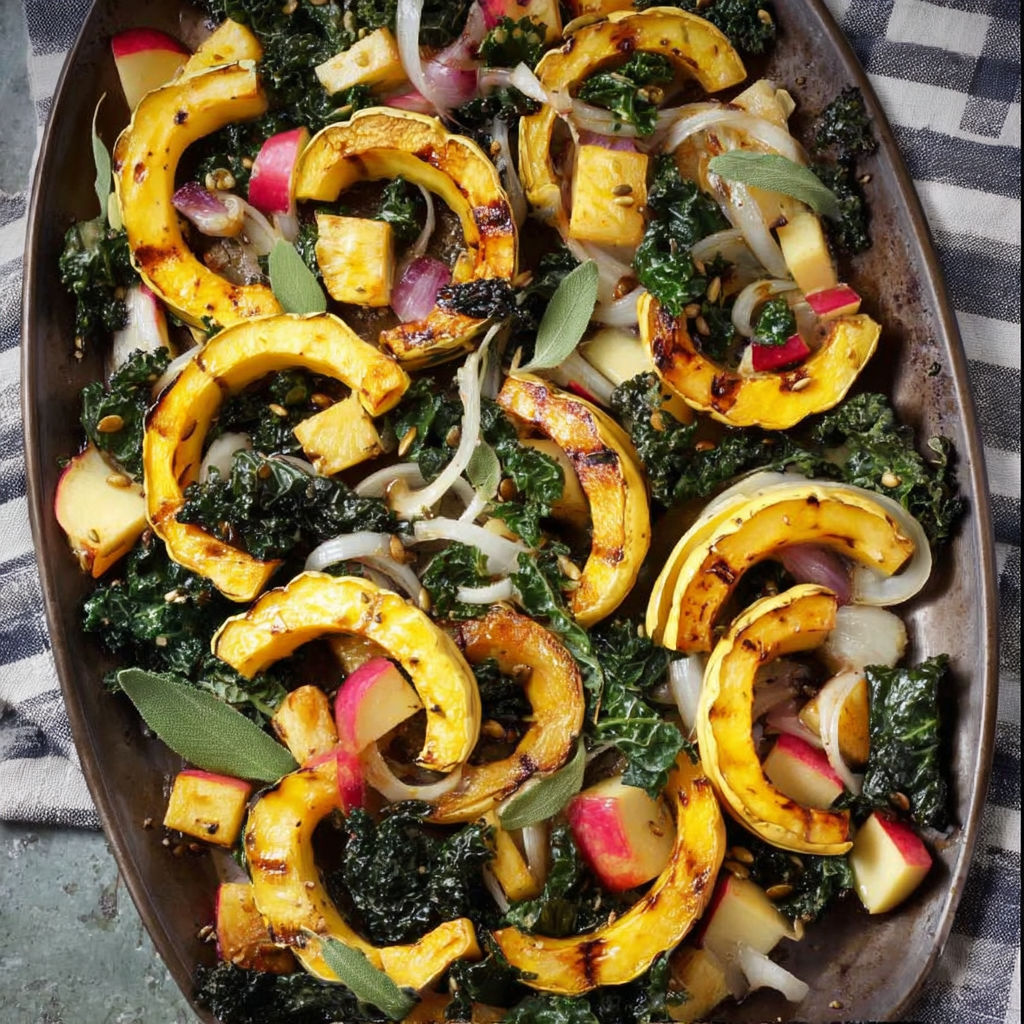 A dish of vegetables, including squash, onions, and greens, is cooked and ready to be served.