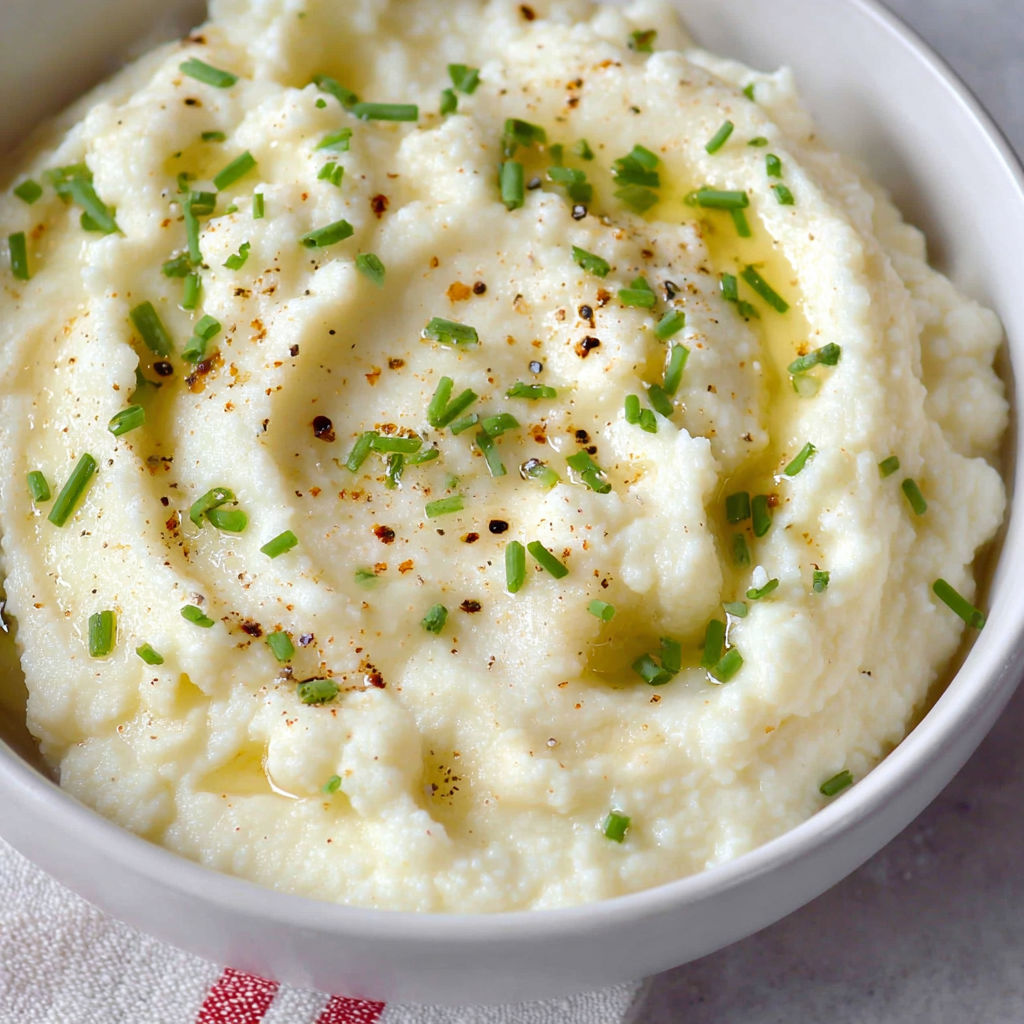A bowl of mashed cauliflower with green herbs on top.