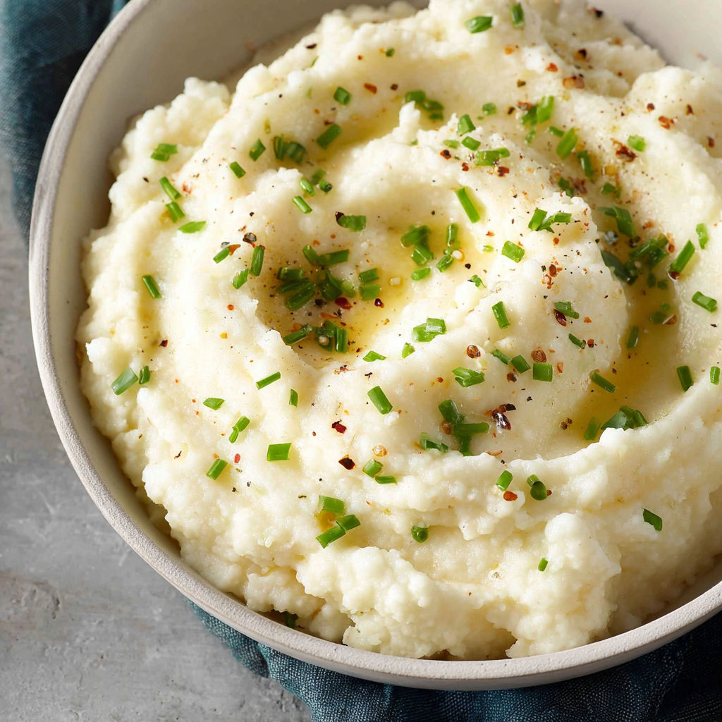 A bowl of mashed cauliflower with green herbs on top.
