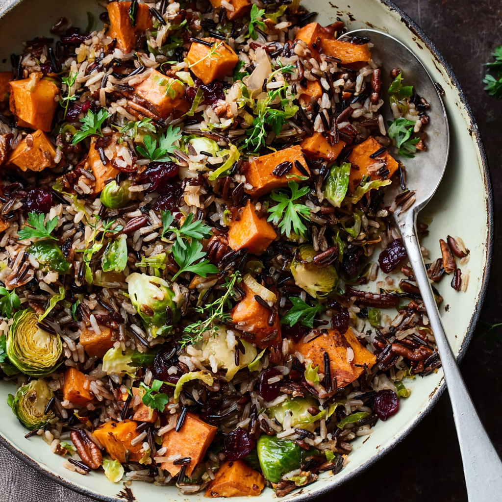 A bowl of rice, vegetables, and meat, including carrots and broccoli, is served in a dish called Wild Rice Pilaf.