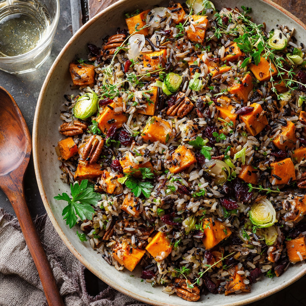 A bowl of rice and vegetables, including carrots and broccoli, sits on a table next to a wine glass.