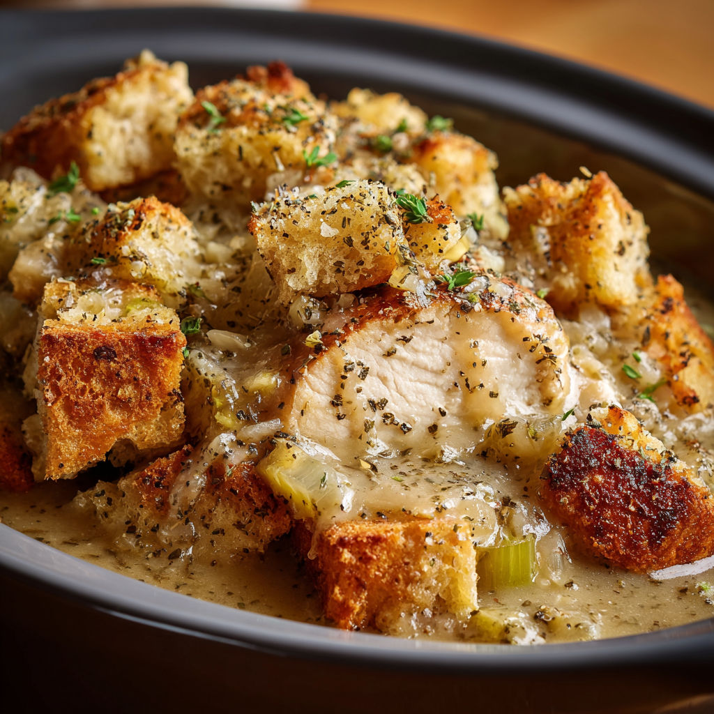 A bowl of chicken and dressing, with a piece of bread on top.