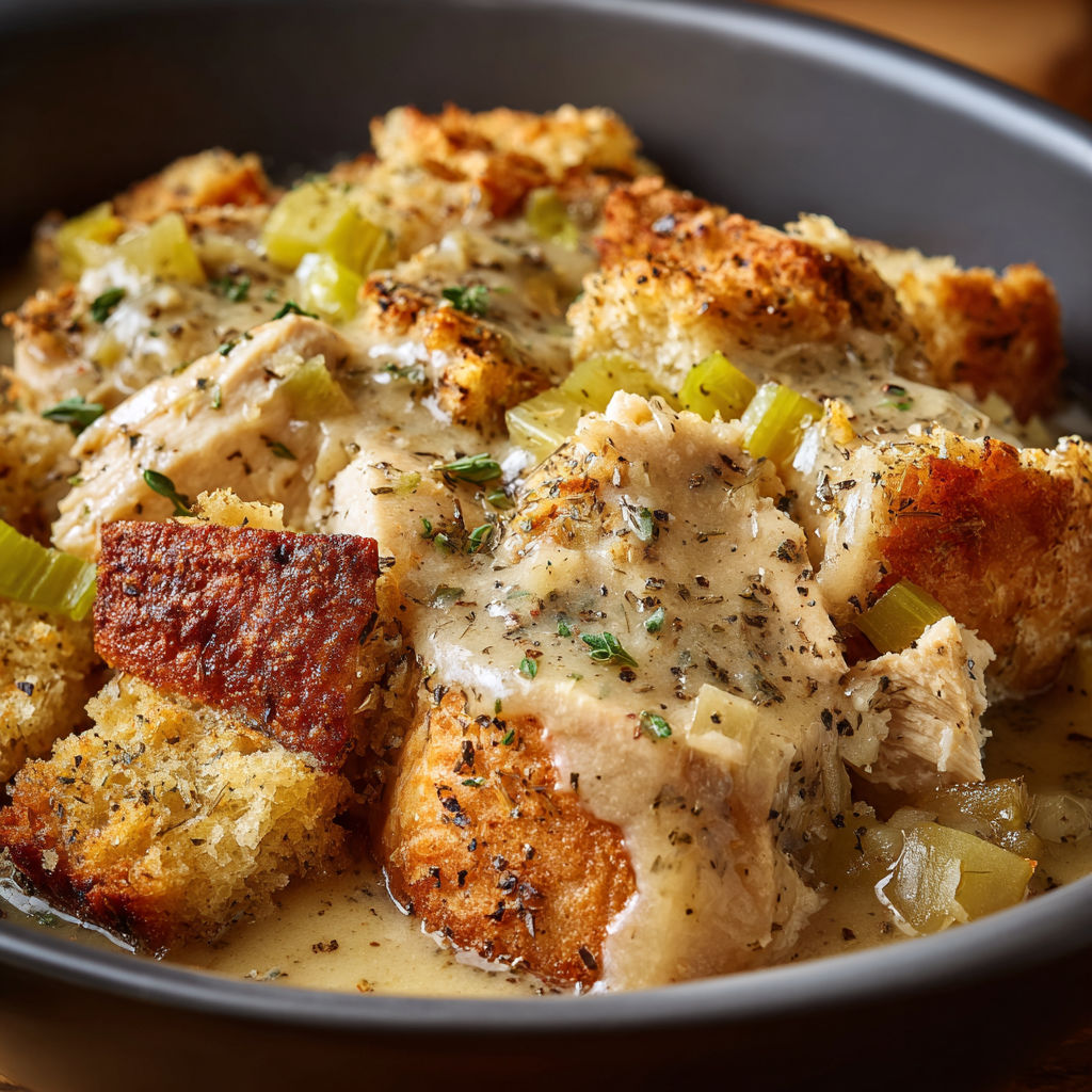 A bowl of chicken and dressing, with a slice of bread on top.