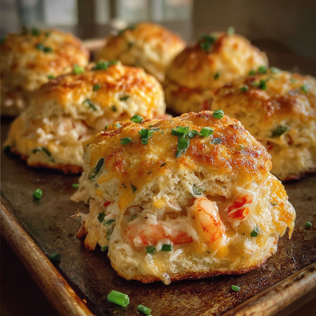 A tray of Shrimp & Crab Nacho Biscuit Melts is displayed on a wooden cutting board.