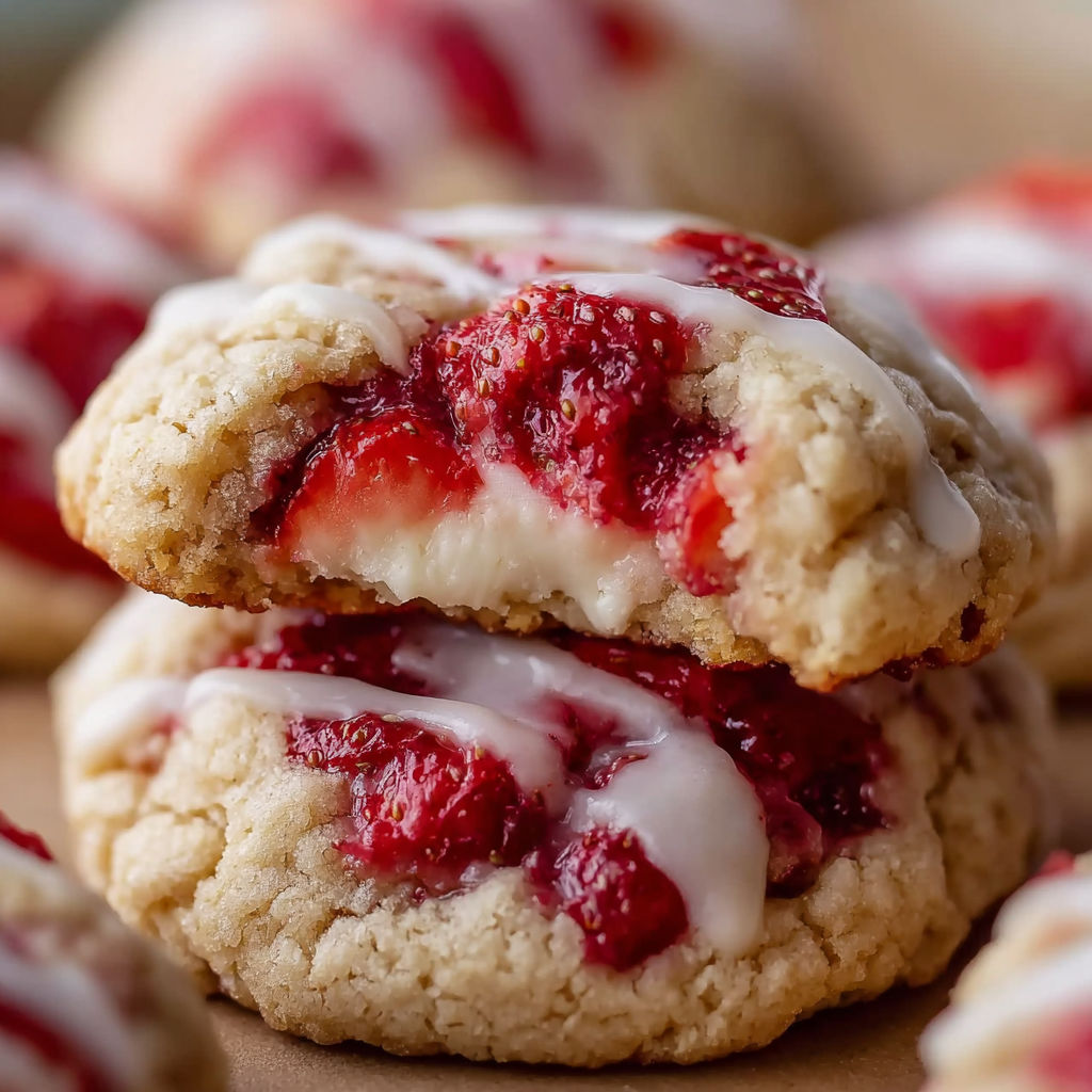 A close up of a delicious Strawberry Cheesecake Cookie.