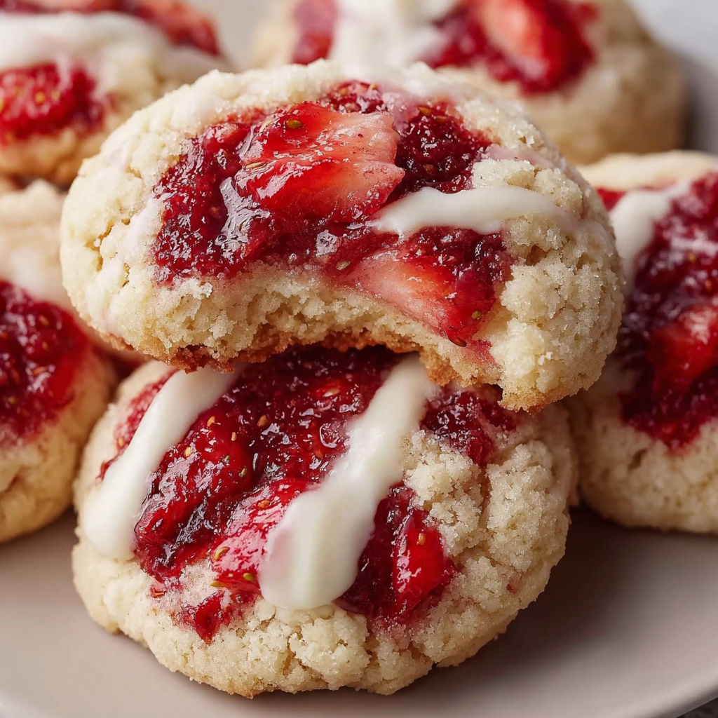 A plate of cookies with strawberry and white cream filling.