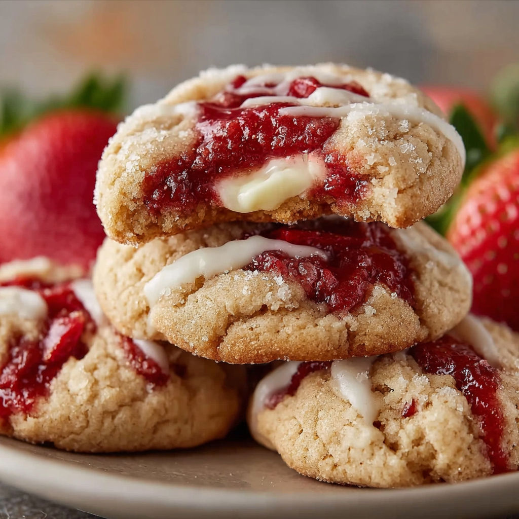 A plate of cookies with white frosting and red jam, stacked on top of each other.