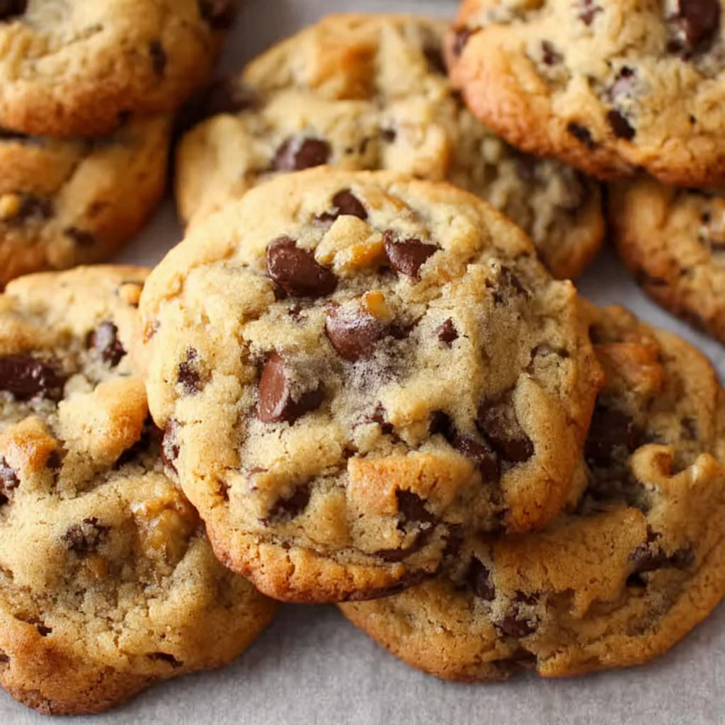 A close up of a chocolate chip cookie with chocolate chips and a white background.