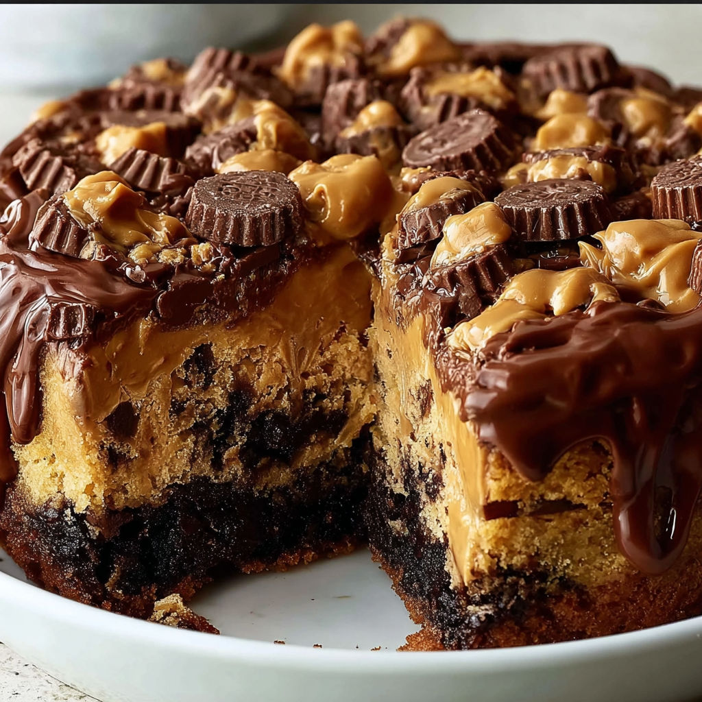 A slice of Reese's Peanut Butter Earthquake Cake on a plate.