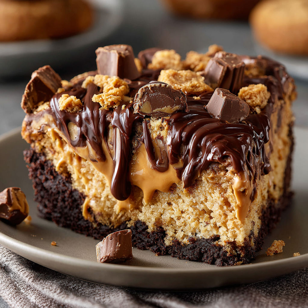 A slice of Reese's Peanut Butter Earthquake Cake is displayed on a plate.