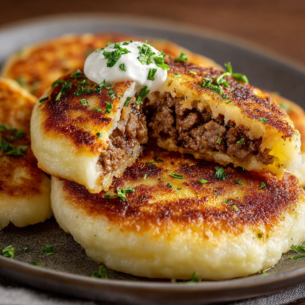 A plate of crispy stuffed potato pancakes with a dollop of sour cream on top.