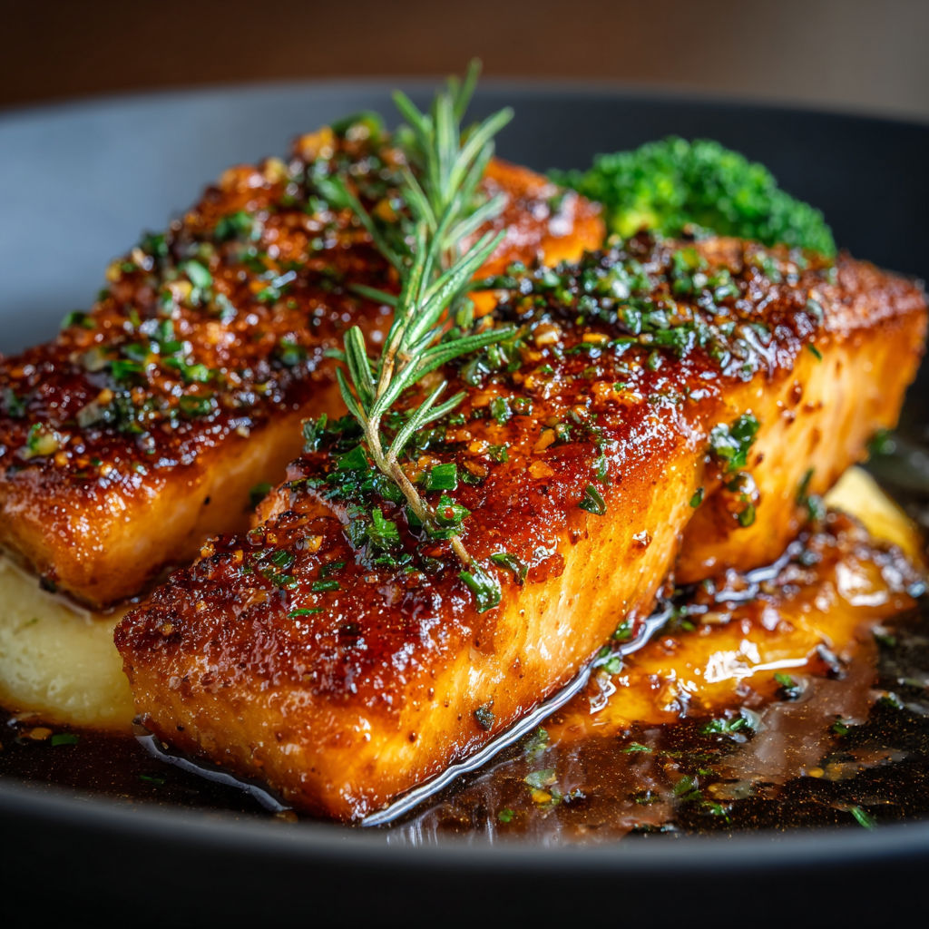 A plate of grilled fish with a sprig of rosemary on top.
