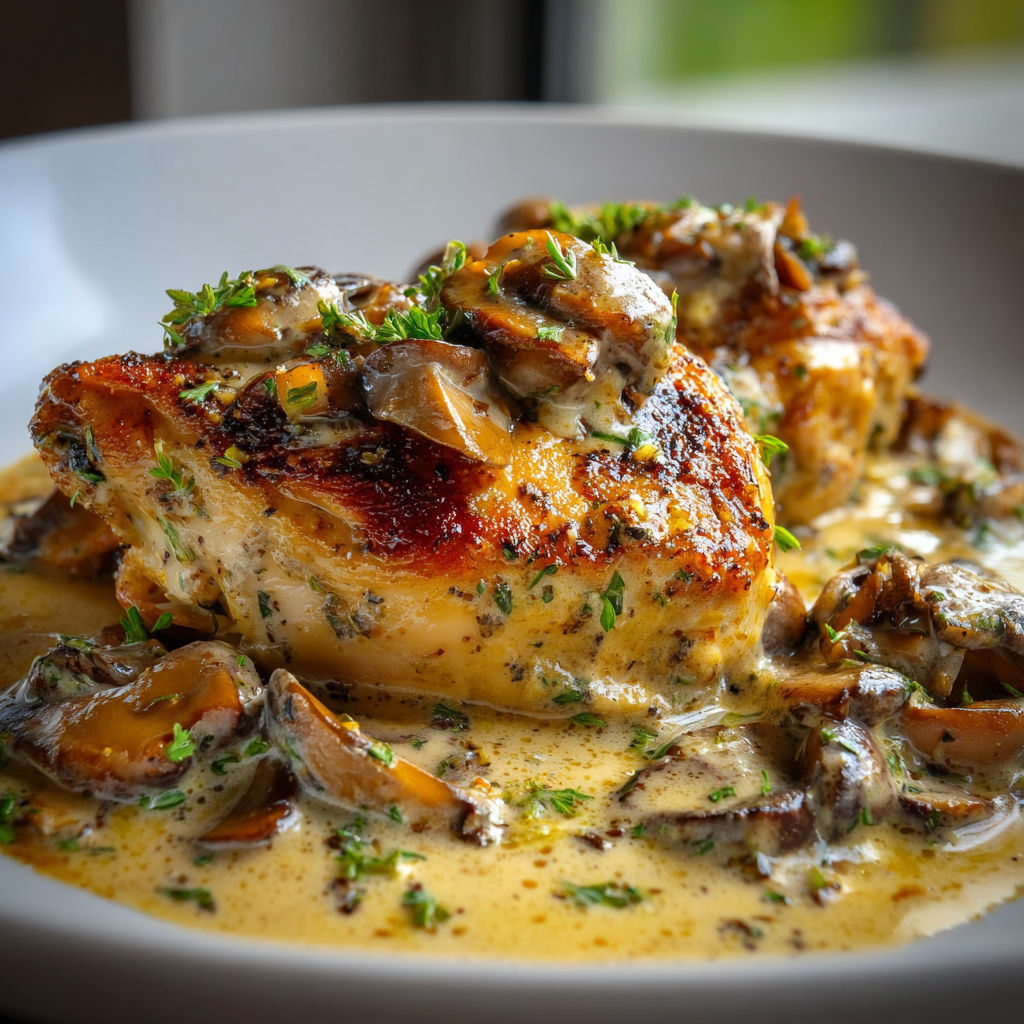 A delicious meal of Creamy Baked Chicken Mushroom is served on a white plate.