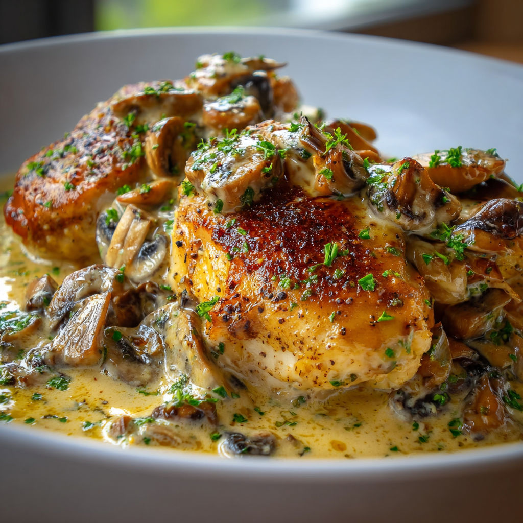 A plate of food with a mushroom and chicken dish, served with a side of mushrooms and herbs.