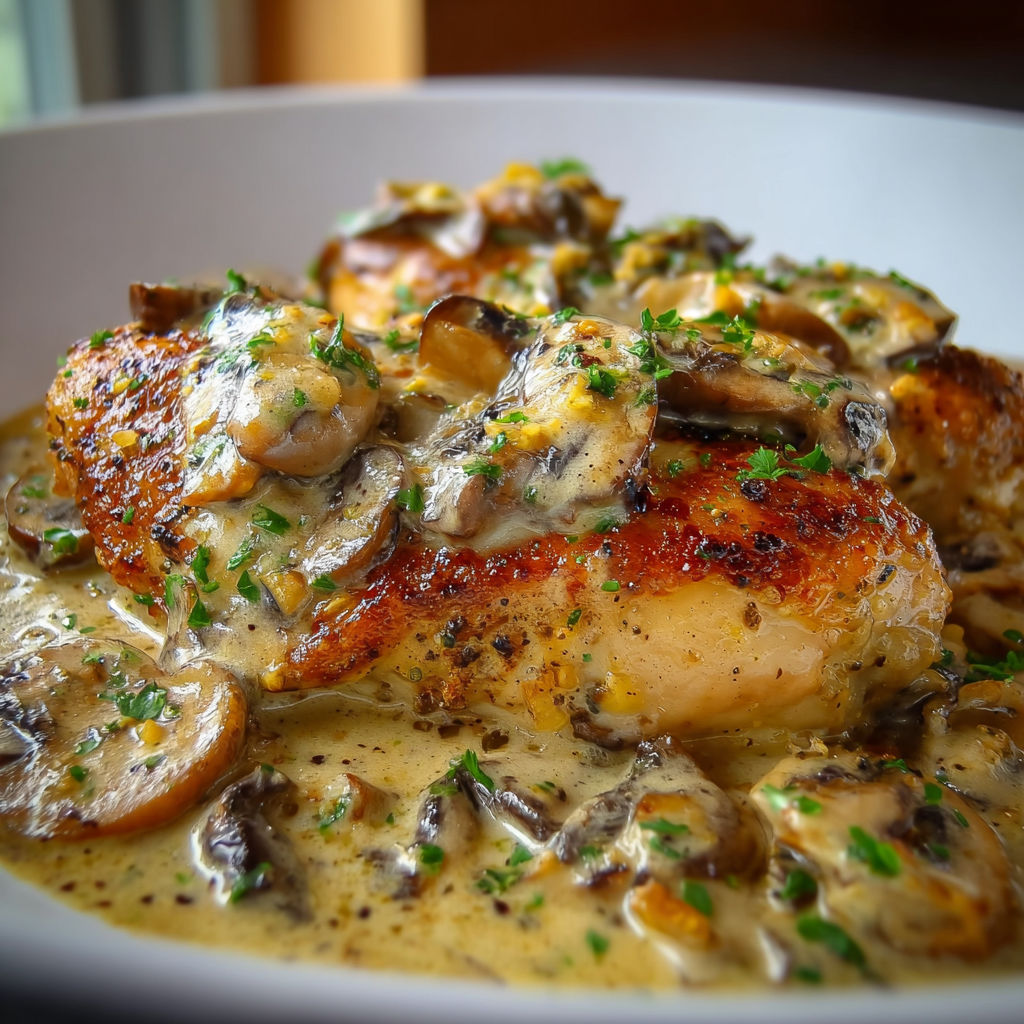 A plate of food with chicken and mushrooms, served with a creamy sauce.