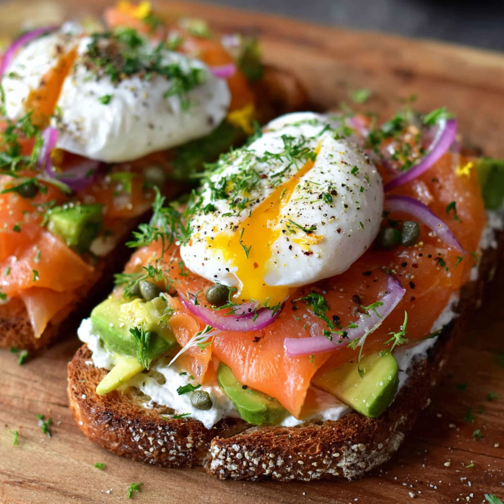 A close up of a toasted sandwich with eggs, avocado, and onions, served on a wooden cutting board.
