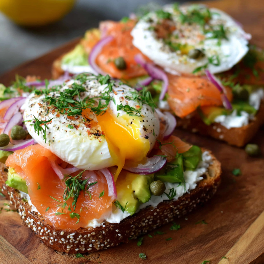 A delicious open-faced sandwich with smoked salmon, avocado, and a fried egg on top.