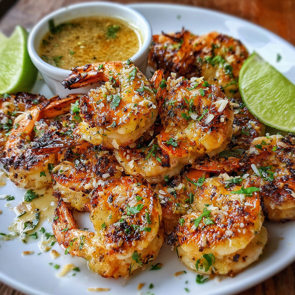 A plate of grilled shrimp with a side of coconut lime sauce.