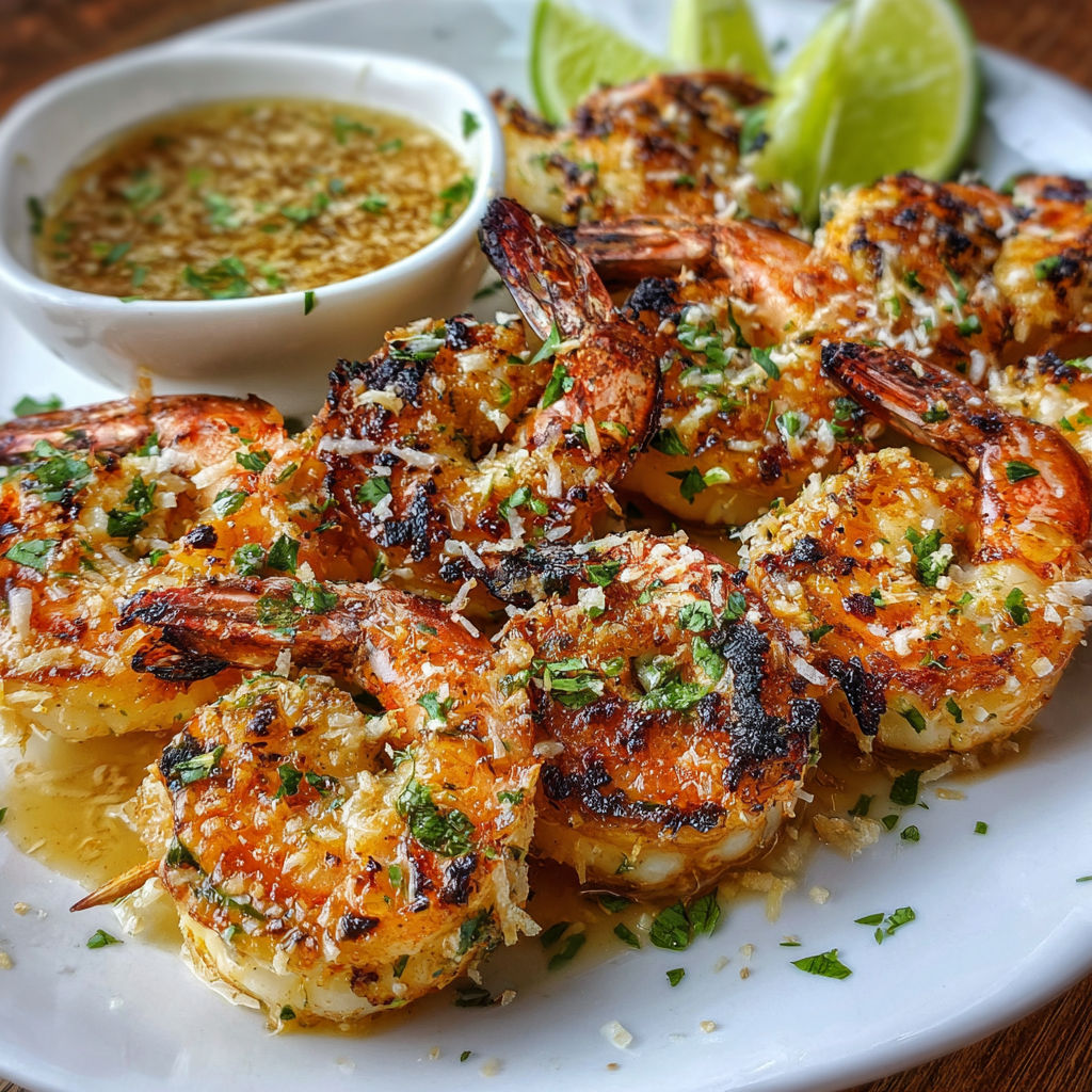 A plate of shrimp with a bowl of sauce and a lime wedge on the side.